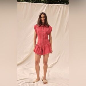 Keira Denim Romper in Red